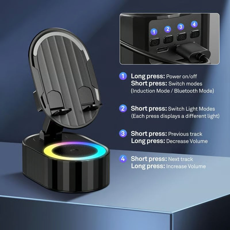 ⚡Flash Sale: 70% Off🔥2025 Upgraded Cell Phone Stand with Induction Speaker/Power Bank/Atmosphere Light