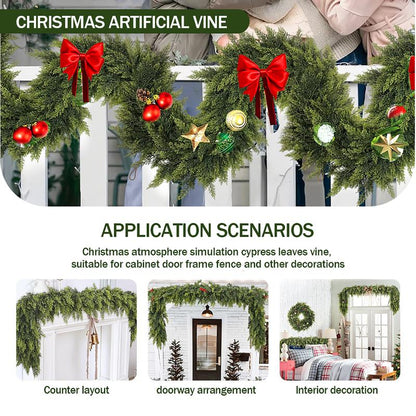 Artificial Cedar Garlands, Real Touch Winter Cedar Garland, Green Artificial Greenery Pine Garland for Table, Mantle, Wall, Indoor, Outdoor Christmas Decoration